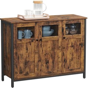 Carnac Dressoir - Keukenkast - Opbergkast - met Glazen Deuren - Woonkamer - Keuken - Eetkamer - Stalen Frame - Industriële Stijl - Vintage Bruin Zwart