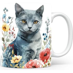 Mok met Russian Blue Kat Beker voor koffie of tas voor thee, cadeau voor dierenliefhebbers, moeder, vader, collega, vriend, vriendin, kantoor