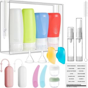 reisflessen voor het vullen 100 ml/85 ml set, 19 stuks siliconen lekvrije shampooflessen voor het vullen en reisformaten cosmetica, FDA goedgekeurd BPA-vrij