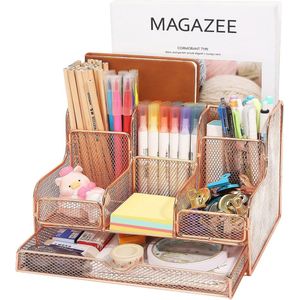 Office Home School Multifunctionele Mesh Bureau-organizer met 7 vakken + 1 lade voor pennen, potloden, schoolbenodigdheden, penselen - Rose goud