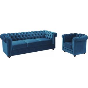 Vente-unique Driezitsbank en fauteuil CHESTERFIELD - velours - groenblauw L 205 cm x H 72 cm x D 88 cm
