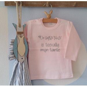 Shirtje baby lange mouw roze meisje tekst tante de liefste tante is toevallig mijn tante | lange mouw T-Shirt | roze zilver | maat 68 |  leukste kleding babykleding cadeau verjaardag