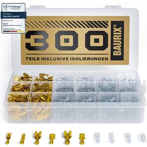 BAURIX® - Kabelschoenen assortiment 300 stuks - 2,8mm I 4,8mm I 6,3mm - Elektrische verbindingsstukken voor krimptang kabelschoen - mannelijke & vrouwelijke lasklemmen, geïsoleerde Kabelschoentjes