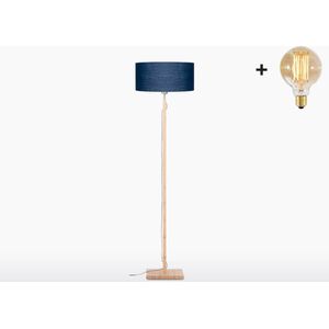 Vloerlamp – FUJI – Bamboe Voetstuk (h. 167cm) - Blauw Linnen Kap - Met LED-lamp