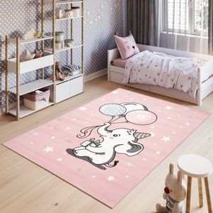Tapiso Baby Vloerkleed Roze Wit Olifant Ballonnen Kinderkamer Tapijt Maat- 180x250