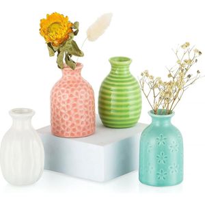 Mini keramische bloemenvaas: moderne kleine vaas set met 4 bud vazen voor bloemen voor thuis, woonkamer, tafeldecoratie, bruiloftsfeest, 7,5 cm (blauw/groen/geel/roze)