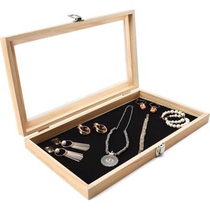 Belle Vous Natuurlijk Houten Sieraden Tray Kast Doos met Doorzichtig Acryl Deksel - B38 x D21,5 cm - Display Organizer Houder voor Oorbellen, Ringen, Kettingen, Medailles & Meer