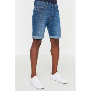 Trendyol Mannen Normale taille Dun Indigo Slim Fit Scratched Destroyed Denim Shorts voor heren TMNSS21SR0727