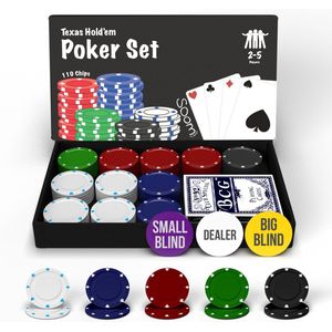 Soom Games Pokerset met 110 Poker Chips (2-5 Spelers) - Compacte Texas Hold'em Poker Set Inclusief Kaartspel, Big Blind Button, Small Blind Button, Dealer Button