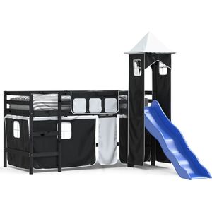 vidaXL - Kinderhoogslaper - met - torenx200 - cm - grenenhout - wit - en - zwart