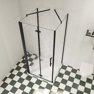 95x80x195cm douchecabine, met inklapbare vouwdeur en twee vaste zijwanden, 6mm helder EasyClean veiligheidsglas,mat zwarte aluminium frame, stabilisatiestang 73-120 cmX2