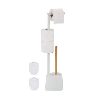 Relaxdays toiletaccessoires set - rvs - bamboe - wc-rolhouder - toiletborstel met houder - wit