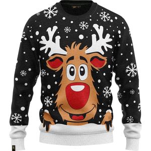 JAP Christmas Kersttrui voor kinderen (maat 146/152/158) - 100% Gerecycled - Kriebelt niet - Kerstcadeau - Foute Kersttrui jongens en meisjes (11/13 jaar) - Rudolf het Rendier - Zwart