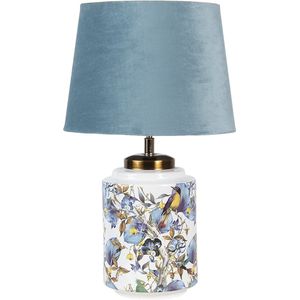 HAES DECO - Tafellamp - Modern Chic - Bloemen en Vogels, formaat Ø 25x41 cm - Blauw/Wit Polyresin - Bureaulamp, Sfeerlamp, Nachtlampje