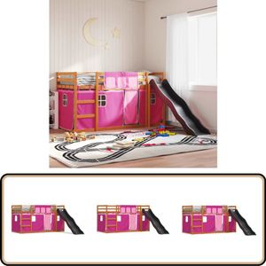 vidaXL Stapelbed met glijbaan en gordijnen roze 90x190 cm