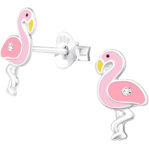 Joy|S - Zilveren Flamingo oorbellen - 6 x 11 mm - zilver roze met kristal - kinderoorbellen