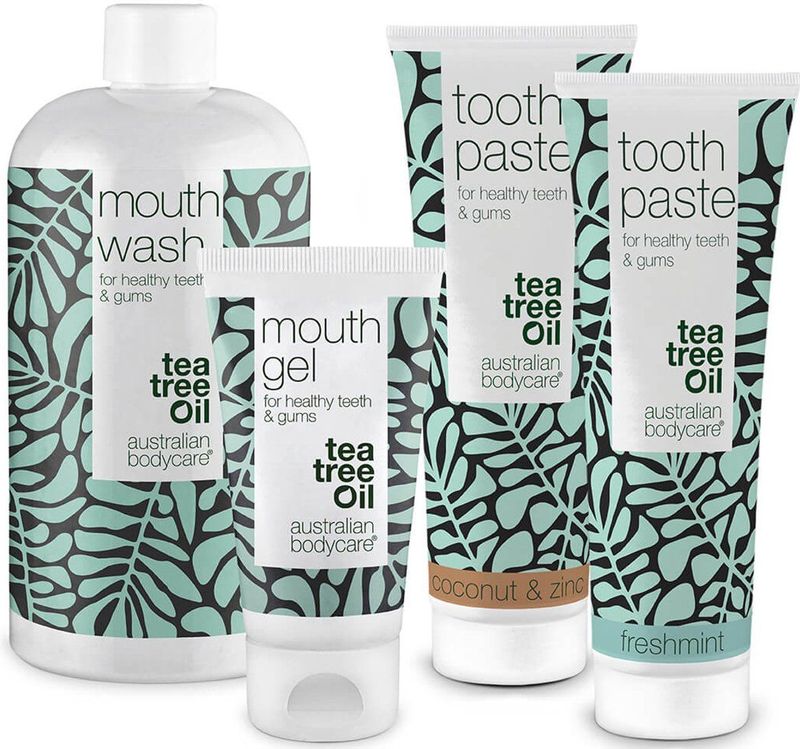 Mondverzorgingspakket met 4 producten met Tea Tree Oil — Voor dagelijkse verzorging bij mondschimmel, parodontitis en ontstoken tandvlees