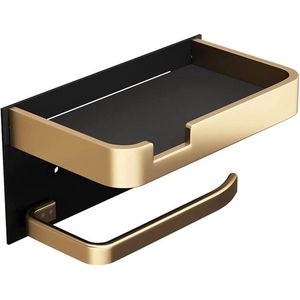 Toiletrolhouder zonder boren met plank, wandgemonteerde toiletrolhouder van aluminium modern goud zwart toiletrolhouder voor badkamer keuken