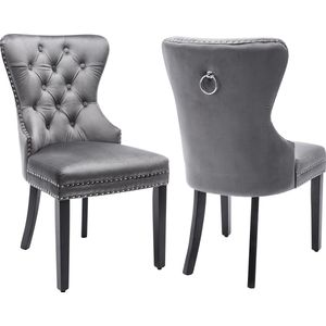 Merax Set van 2 Fluwelen Eetkamerstoelen met Eikenhouten Poten - Knopen - Chromen Handgreep - Grijs