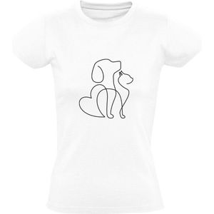 Hond en Kat tekening Dames T-shirt | dog | cat | cute | schattig | poes | dier | huisdier | dierendag | dierenliefhebber | Wit