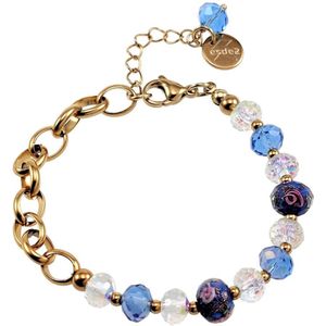 Armband Dames - Verguld RVS - Ovale Schakelarmband met Lila-Blauwe Kristallen en Murano Glaskralen - Verstelbaar