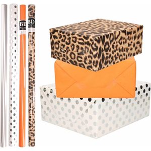 8x Rollen transparante folie/inpakpapier pakket - panterprint/oranje/wit met zilveren stippen 200 x 70 cm - dierenprint papier