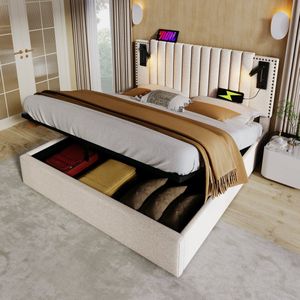 Sweiko Gestoffeerd bed 180x200cm, Dubbel bed Opbergbedbox, Leeslampje Hoofdbord met USB-oplaadfunctie, Klinknagel ontworpen rugleuning, bed met Flat noedles frame en bedbox, katoen, Beige (Zonder matras)