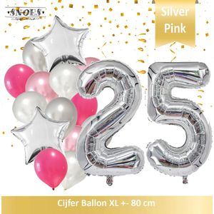 Cijfer Ballon 25 Jaar Zilver Roze White Pearl Boeket * Hoera 25 Jaar Verjaardag Decoratie Set van 15 Ballonnen * 80 cm Verjaardag Nummer Ballon * Snoes * Verjaardag Versiering * Verjaardag Decoratie * Silver Pink Pearl White* Nummer Ballon 25