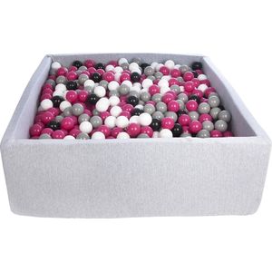 Ballenbak vierkant - grijs - 120x120x40 cm - met 1200 wit, fuchsia, grijs en zwarte ballen