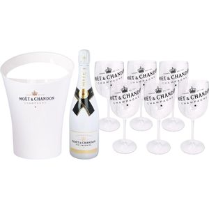 Moët & Chandon Ice Bucket met 6 Transparante Plastic Glazen - Luxe Wijnkoeler / IJsemmer en Champagneglas 6x