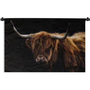 Wandkleed Schotse Hooglanders  - Portret van een Schotse hooglander op een zwarte achtergrond Wandkleed katoen 60x40 cm - Wandtapijt met foto