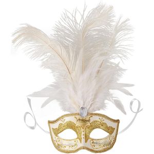 dressforfun - Venetiaans masker met veer goud - verkleedkleding kostuum halloween verkleden feestkleding carnavalskleding carnaval feestkledij partykleding - 303544