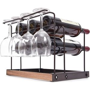 Wijnrek 6 flessen, aanrecht wijnflessen houder rekken, metalen koperen wijnglashouder, wijnopslag organizer vrijstaand, 2 tier wijndisplay planken met 4 wijnglas droogrek