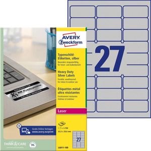 Avery-Zweckform L6011-100 Etiketten 63.5 x 29.6 mm Polyester folie Zilver 2700 stuk(s) Permanent Etiketten voor typepla