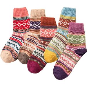 5 Paar - Warme Wintersokken dames - Scandinavisch vintage design sokken maat 38-42