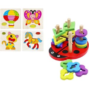 Montessori Educatief Houten Speelgoed Puzzel Vormenstoof Sorteerpuzzel Sorteerspel Lieveheersbeestje + 4 Puzzels - Vormenstoof - Peuter Kleuter Speelgoed - Stapel Blokken