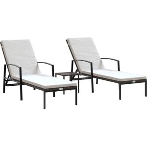 vidaXL Ligbedden 2 st met tafel poly rattan bruin Ligbed - Tuinset - Lounge Stoel - Relaxen - Buitendecoratie - Tuin Meubilair - Veranda - Patio - Bruine Kleuren - Kunststof Meubel - Outdoor Furniture - Poolside