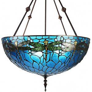 LumiLamp Hanglamp Tiffany Ø 61x190 cm Blauw Groen Metaal Glas Libelle Hanglamp Eettafel