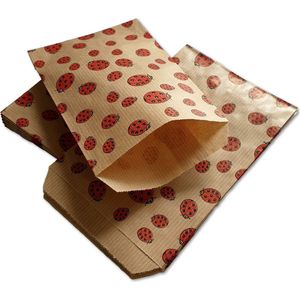 Prigta - Papieren zakjes - 100 stuks - 10x16 cm - bruin met lieveheersbeestjes - 50 gr/m2 / cadeauzakjes Ladybug