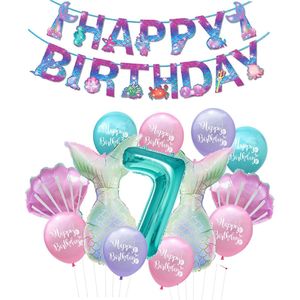 Snoes - Zeemeermin Feest Set - Ballonnenpakket met Happy Birthday Slinger - Turquoise Mint Cijfer Ballon 7 Jaar
