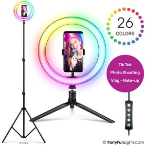 PartyFunLights VOORDEEL SET - Selfie Ringlamp met twee statieven - RBG LED multi-color - vlog kit - met telefoonhouder - diameter 26 cm