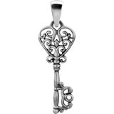 Zilveren hanger, sleutel met hart als kop en sierlijke details