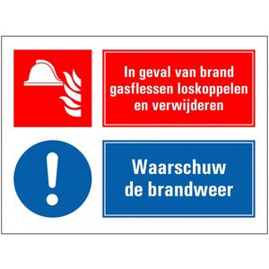 Bij brand gasflessen loskoppelen en verwijderen sticker 280 x 210 mm