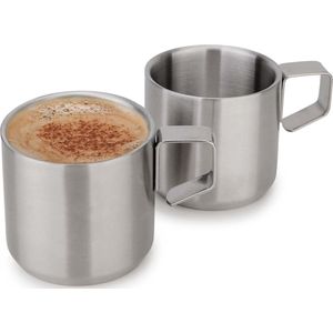 Espressokopjes van roestvrij staal, set van 2, 5 oz dubbelwandig geïsoleerd, onbreekbaar, kop zonder steel, kleine beker voor buitenevenementen, picknickfeest, zilver