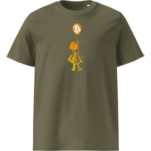 Bitcoin Balloon Girl - Unisex - 100% Biologisch Katoen - Kleur Khaki Groen - Maat L | Bitcoin cadeau| Crypto cadeau| Bitcoin T-shirt| Crypto T-shirt| Crypto Shirt| Bitcoin Shirt| Bitcoin Merch| Crypto Merch| Bitcoin Kleding