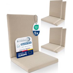 Beautissu QD-NL – Set van 5 Premium Tuinstoelkussens Lage Rug 105x48 cm – 100% Waterdicht – Weerbestendig – Sneldrogend – UV-bestendig – Natuur