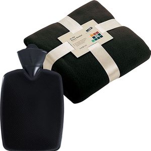Fleece deken - Zwart 130 x 170 cm en warmwater kruik zwart 2 liter