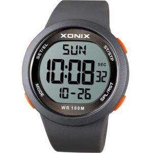 Xonix NY-A02 - Horloge - Digitaal - Heren - Mannen - Rond - Siliconen band - ABS - Cijfers - Achtergrondverlichting - Alarm - Start-Stop - Chronograaf - Tweede tijdzone - Waterdicht - 10 ATM - Grijs - Oranje