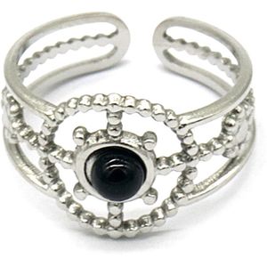 Ring met Steen - RVS - One Size - Agaat Zwart - Zilverkleurig