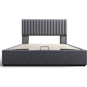 Merax Gestoffeerd Bed 140x200 cm met Opbergruimte en LED-Verlichting via APP - Tweepersoonsbed met USB Type-C Aansluiting en Verstelbaar Hoofdbord - Grijs